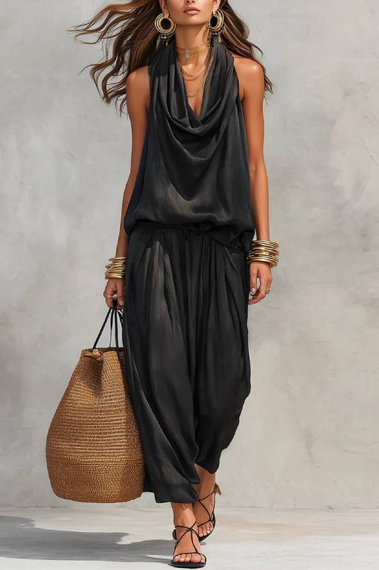 Black Halter Neck Sleeveless Top And Pleated Trousers Set