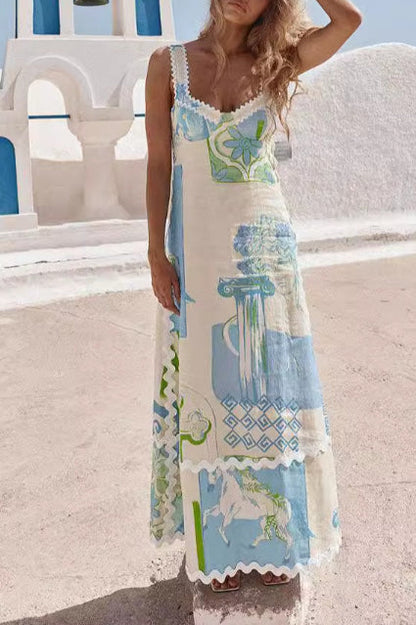 Fashion Linen Print Sexy Backless Bow Tie Midi Dress