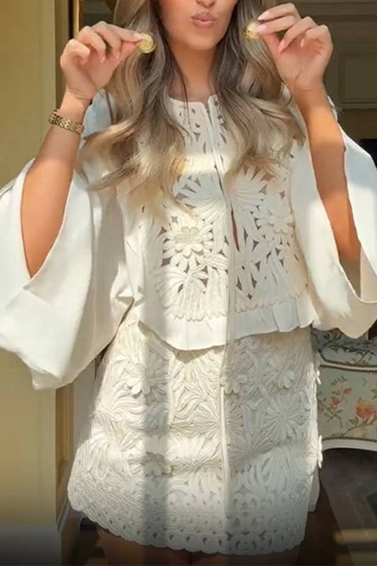 Heavy Floral Embroidered Puff Sleeve Top & Skirt Two-Piece Set