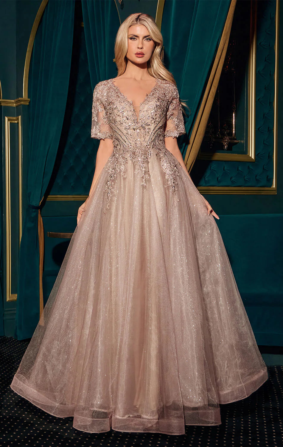 CLAUDIA GOWN - SHORT SLEEVE A-LINE GLITTER TULLE DRESS