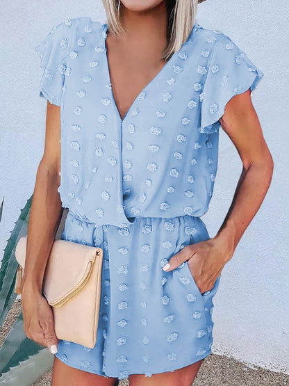 V-neck Dot Texture Pocket Romper