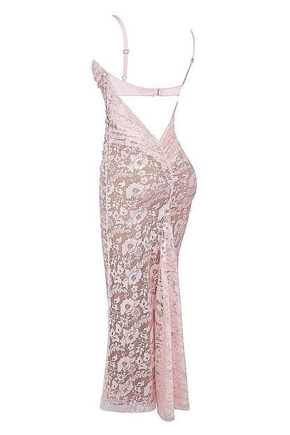 rose pink lace godet gown
