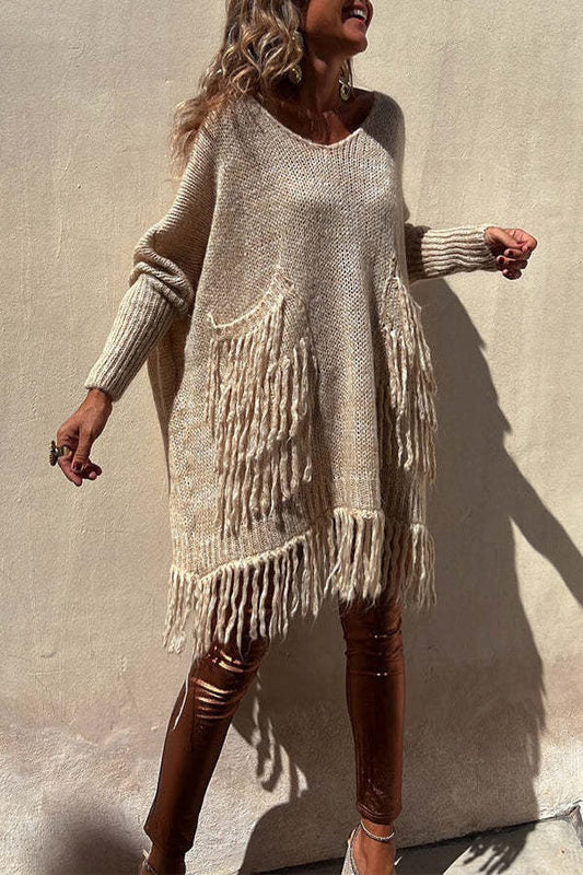 Elegant long-sleeved tassel dress
