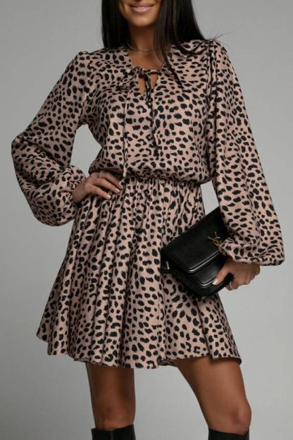 Tie-waist printed dress with lantern sleeves