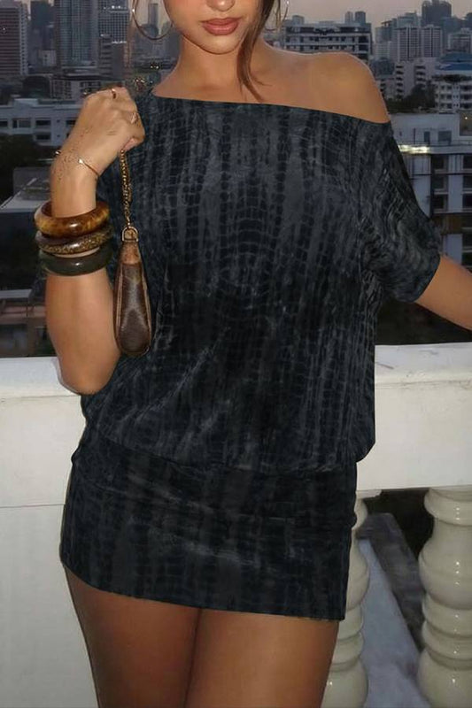 Tie-Dye One-Shoulder Backless Batwing Sleeve Two-Piece Mini Dress