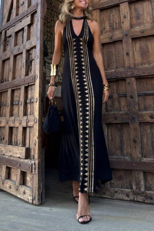 Ethnic style halter neck backless long dress