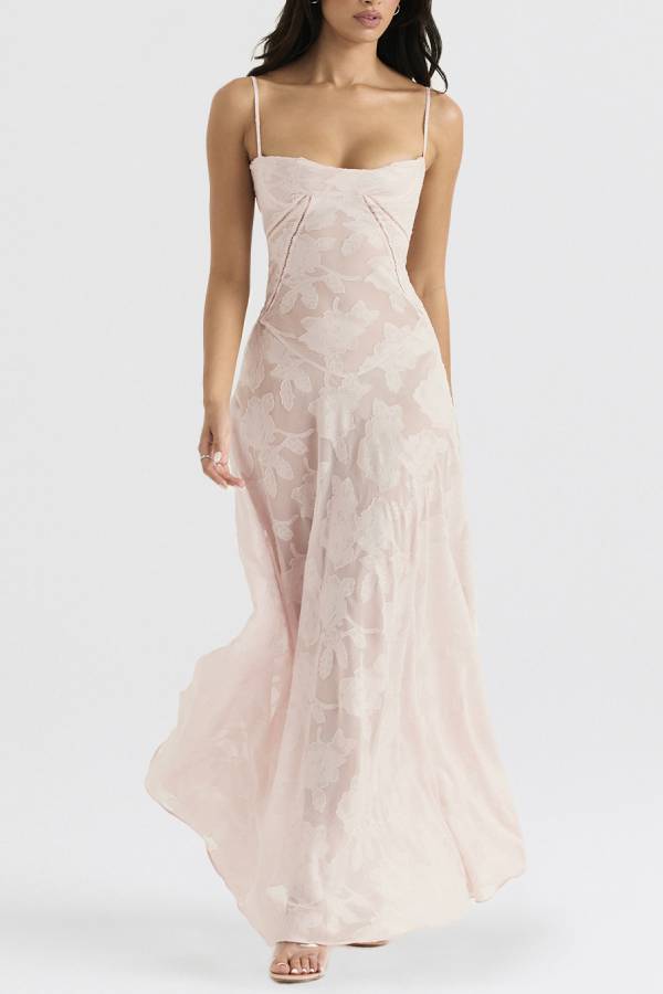 Spaghetti Strap Jacquard Lace Waist-Cinched Tie Maxi Dress