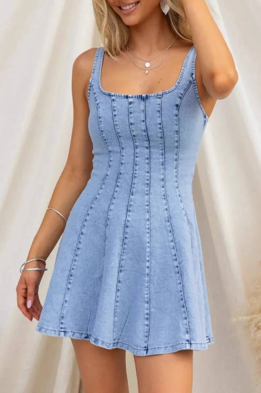 Square Neck Waist-Cinched A-Line Denim Slip Dress