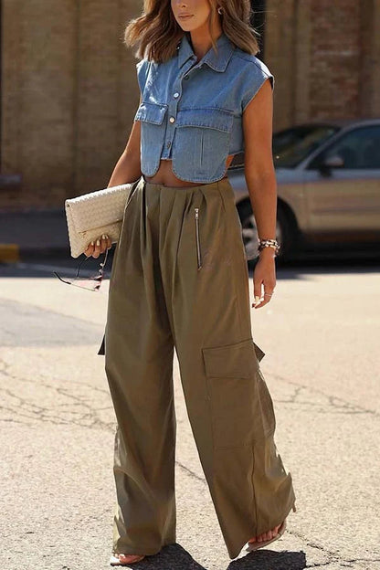Stylish Weekend Denim Button Up Cape Sleeve Pocket Crop Top