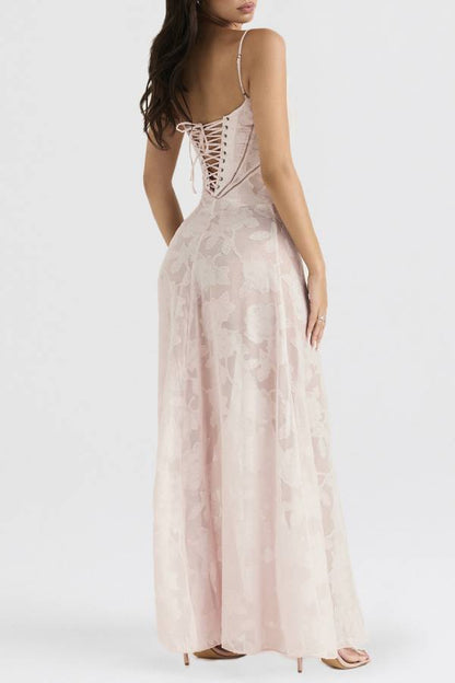 Spaghetti Strap Jacquard Lace Waist-Cinched Tie Maxi Dress