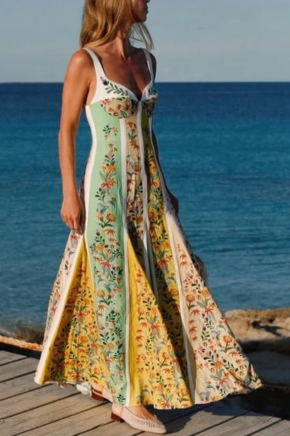 Sweet Garden Linen Blend Color Block Floral Paneled Maxi Dress