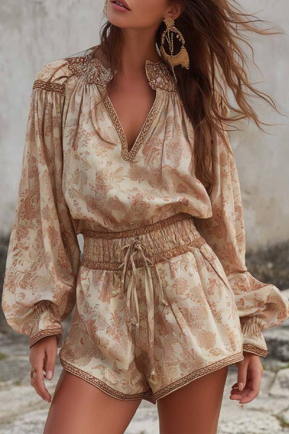 V-Neck Botanical Print Waist-Cinching Short Romper