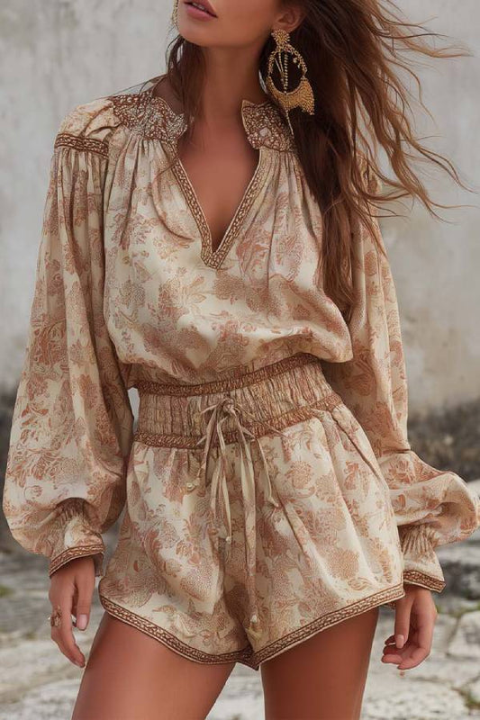 V-Neck Botanical Print Waist-Cinching Short Romper