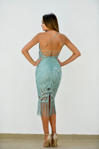 Khaleesi Dress - Sage - Lace Dress With Fringe - FINAL SALE