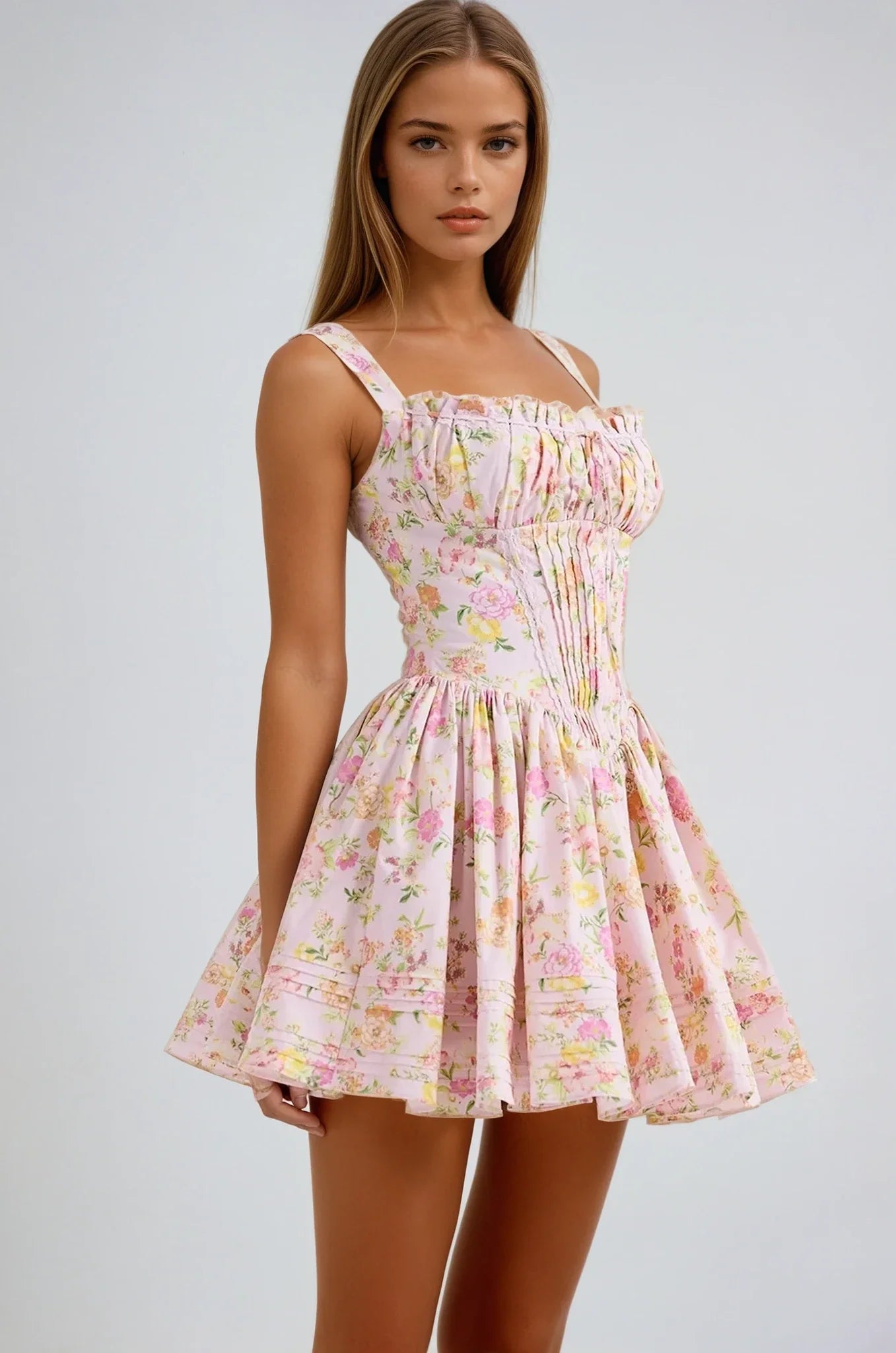 Norelia – Lace Corset Mini Dress with Floral Print