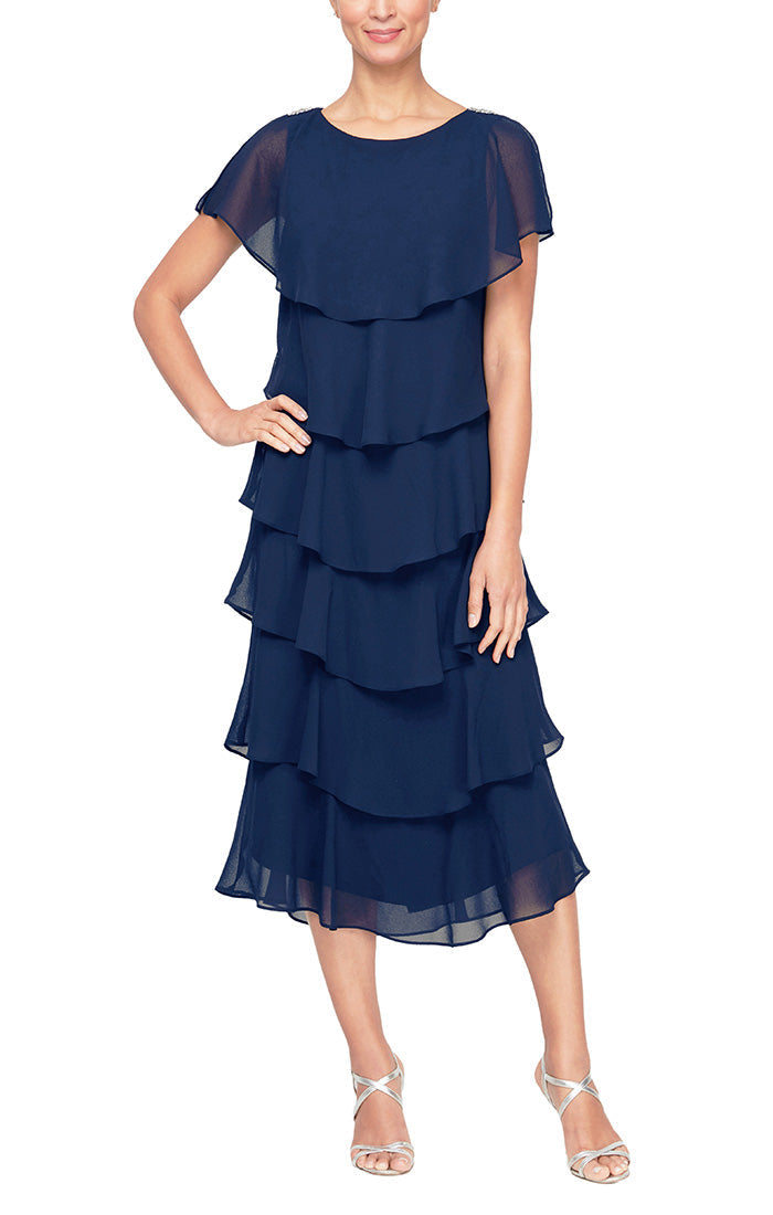 SL Fashions 9178111Mother of the Bride Caplet Tea Length Dress