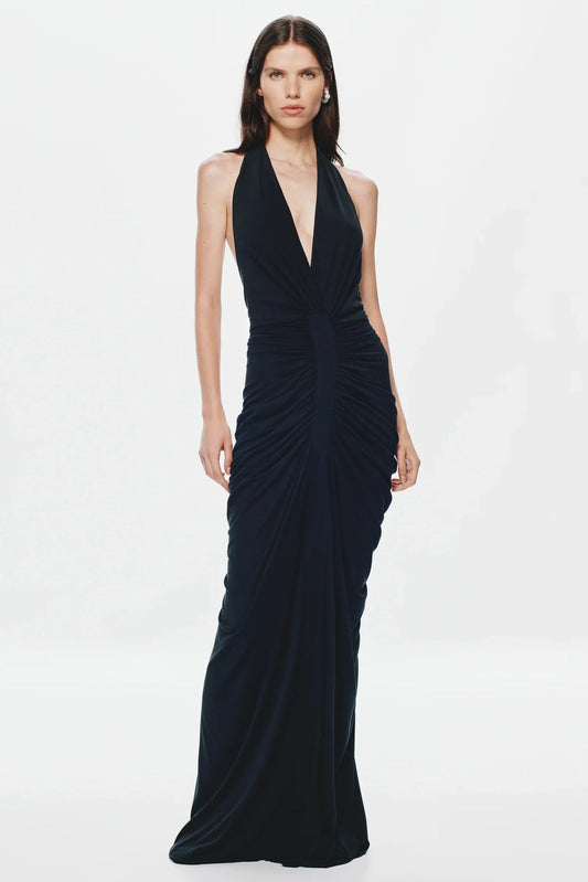 Misha Venus Gathered Cupro Dress - Black
