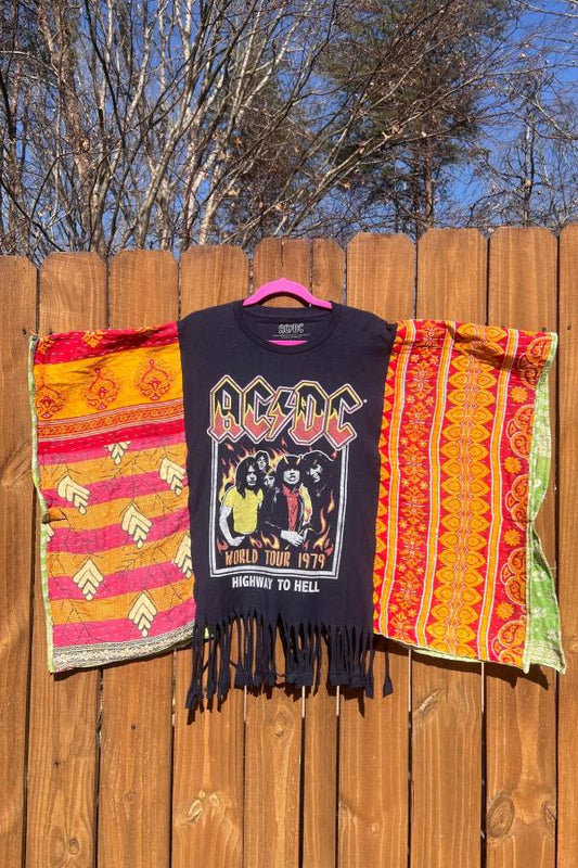 KANTHA TEE KAFTAN // open size handmade // AC/DC Fringe