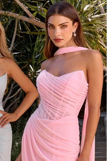 Callista Gown  - Strapless Chiffon Fitted Draped Dress With Scarf