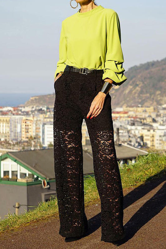 Stylish two-piece set of layered sleeve top & lace trousers