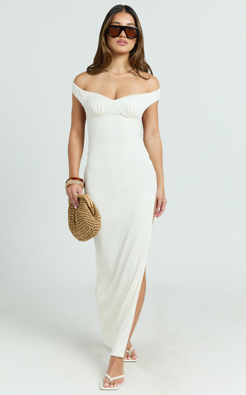 Anziel Maxi Dress - Underwire Off Shoulder Backless Column Jersey Tie Back in Off White