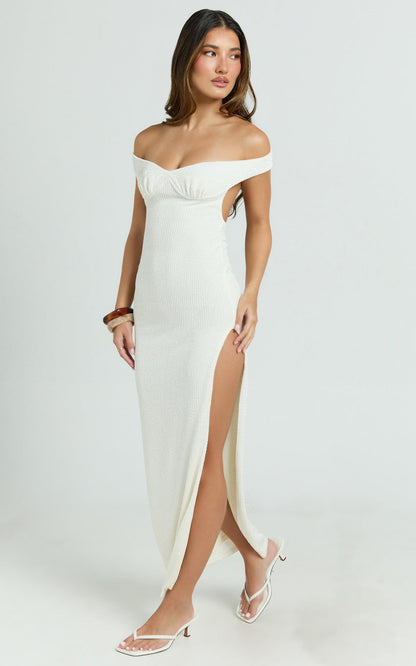 Anziel Maxi Dress - Underwire Off Shoulder Backless Column Jersey Tie Back in Off White