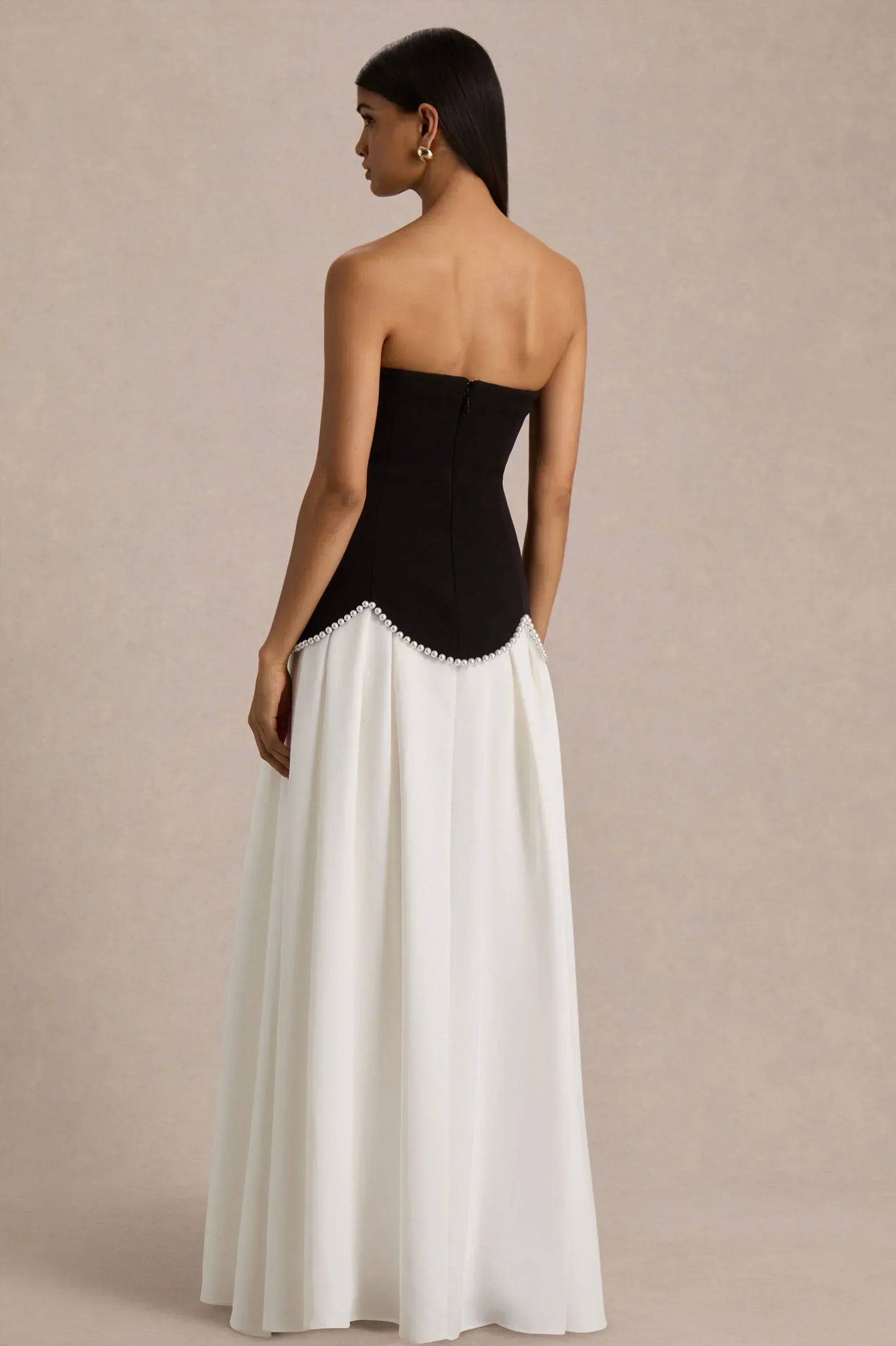 Wendy | Black And White Maxi Dress With Drop-Waist And Pearl Embellishment