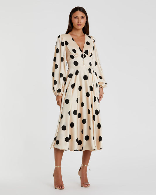 Long Sleeve Polka Dot Printed Dress Midi Cocktail Mac Duggal 27542