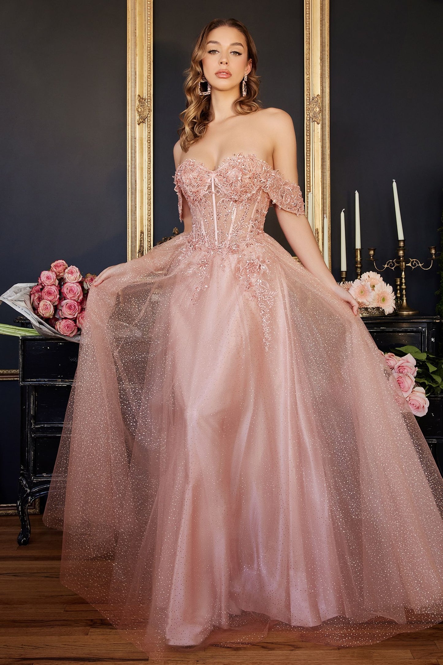 Off Shoulder Beaded Corset Long Ball Gown Prom Dress by LaDivine CD0198