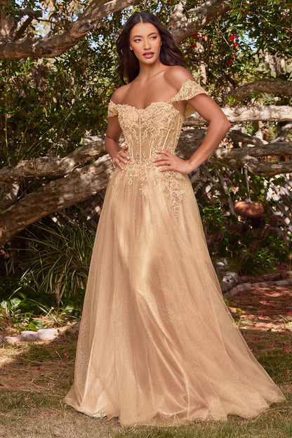 Off Shoulder Beaded Corset Long Ball Gown Prom Dress by LaDivine CD0198