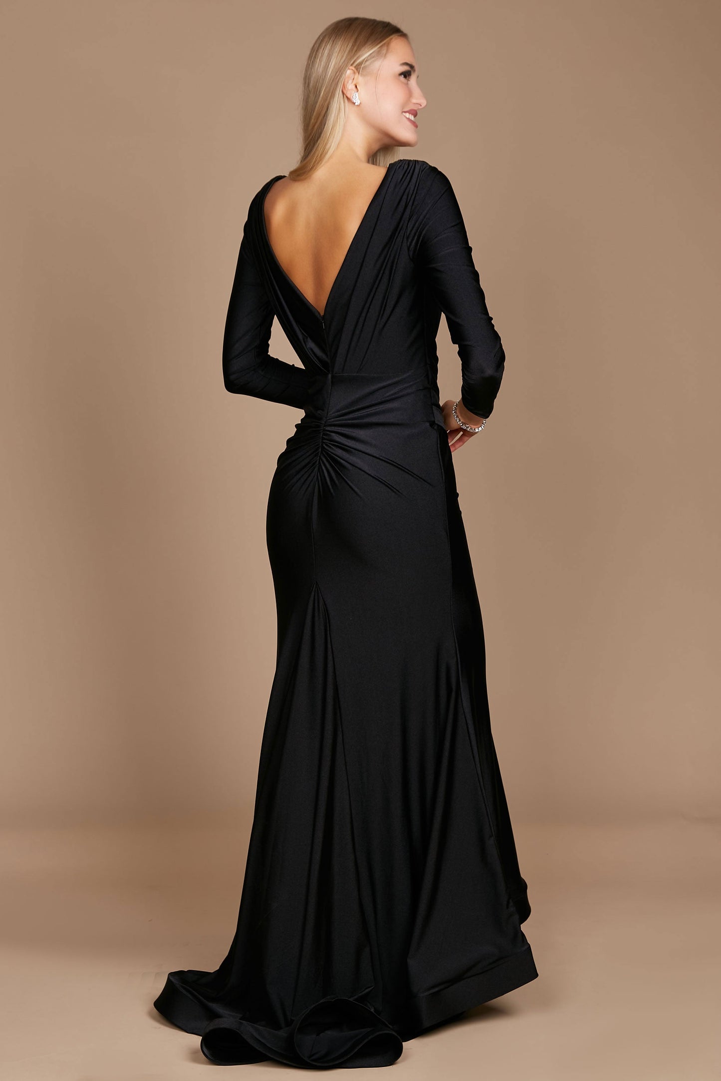 Fitted V-Neck Long Sleeve Floor-Length Sequin Prom Dress with High Slit