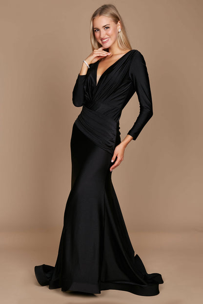 Fitted V-Neck Long Sleeve Floor-Length Sequin Prom Dress with High Slit