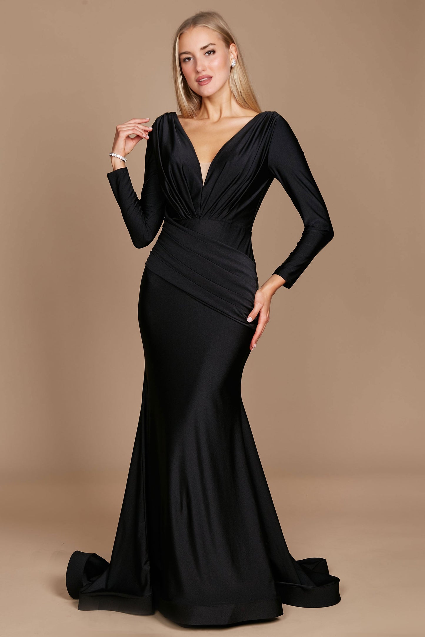 Fitted V-Neck Long Sleeve Floor-Length Sequin Prom Dress with High Slit
