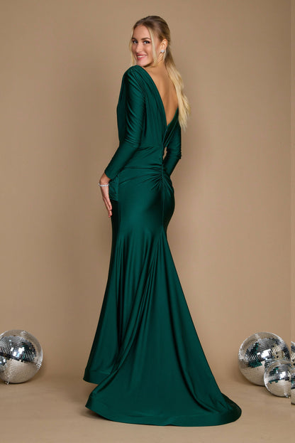 Fitted V-Neck Long Sleeve Floor-Length Sequin Prom Dress with High Slit