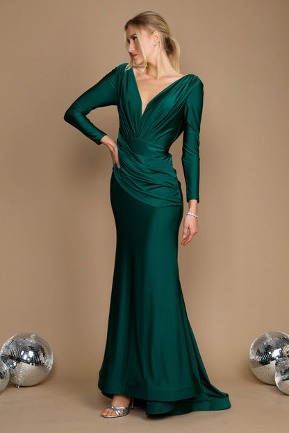 Fitted V-Neck Long Sleeve Floor-Length Sequin Prom Dress with High Slit