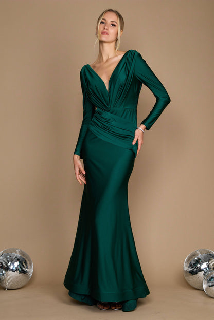 Fitted V-Neck Long Sleeve Floor-Length Sequin Prom Dress with High Slit