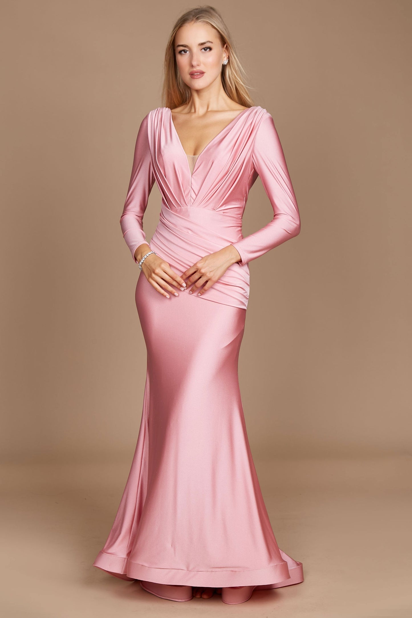 Fitted V-Neck Long Sleeve Floor-Length Sequin Prom Dress with High Slit