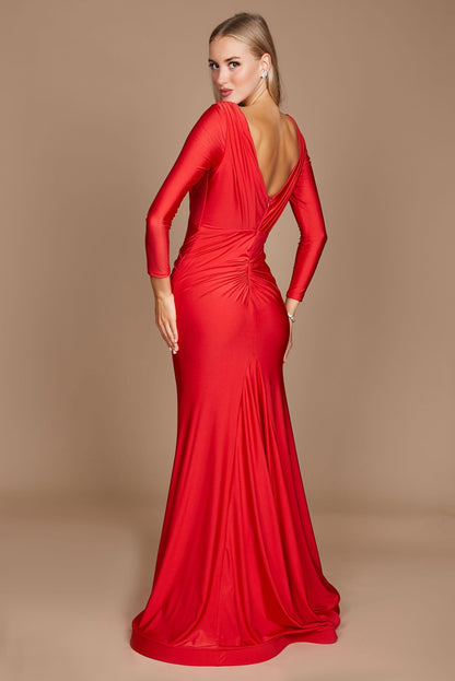 Fitted V-Neck Long Sleeve Floor-Length Sequin Prom Dress with High Slit