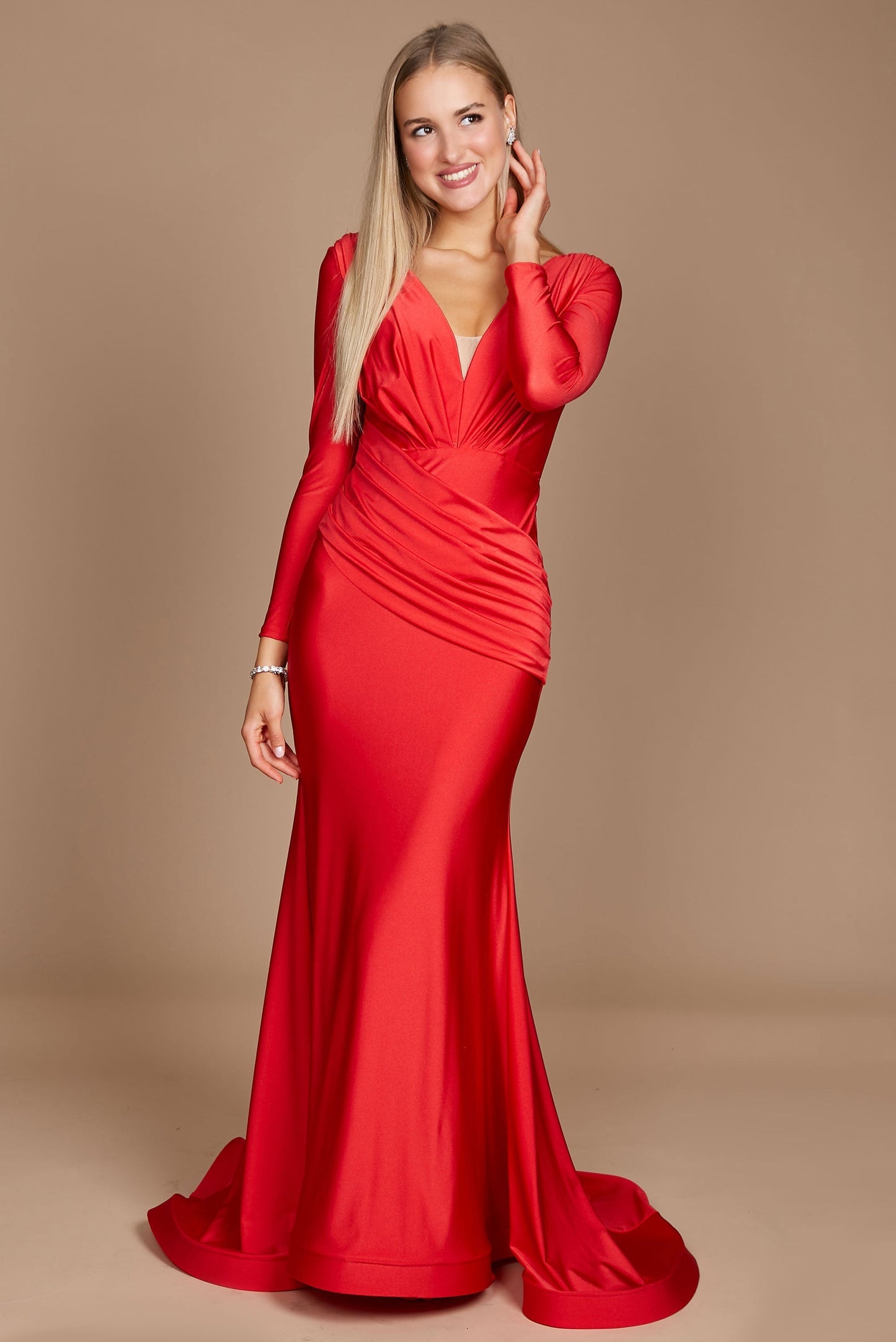 Fitted V-Neck Long Sleeve Floor-Length Sequin Prom Dress with High Slit