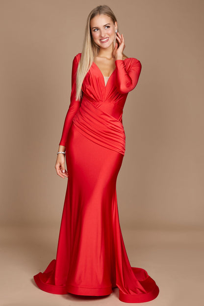 Fitted V-Neck Long Sleeve Floor-Length Sequin Prom Dress with High Slit