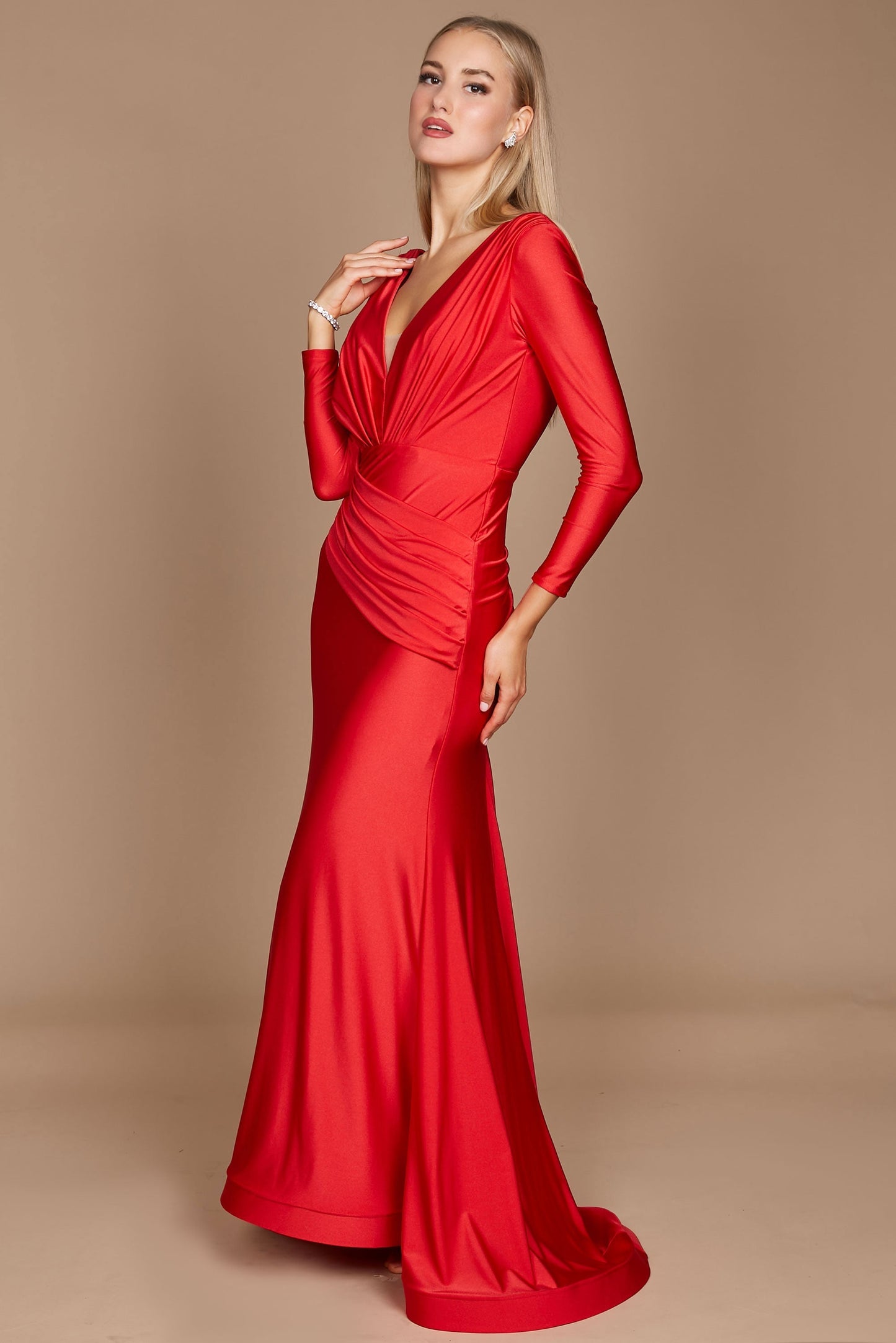 Fitted V-Neck Long Sleeve Floor-Length Sequin Prom Dress with High Slit