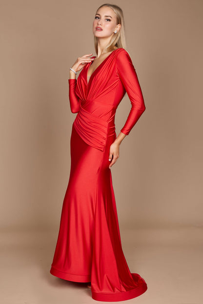 Fitted V-Neck Long Sleeve Floor-Length Sequin Prom Dress with High Slit
