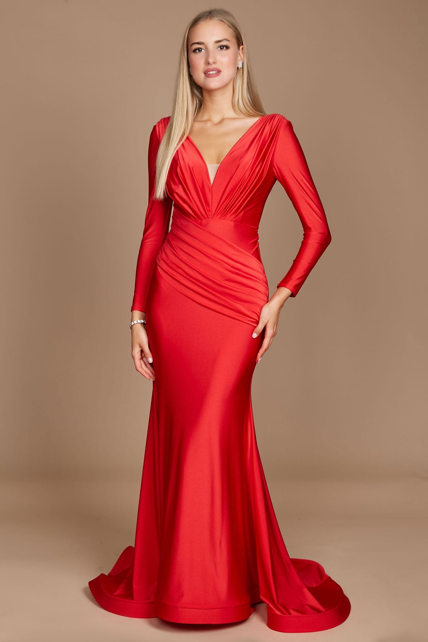 Fitted V-Neck Long Sleeve Floor-Length Sequin Prom Dress with High Slit