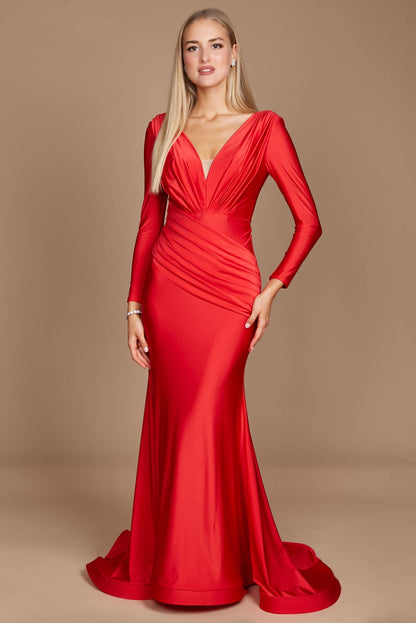 Fitted V-Neck Long Sleeve Floor-Length Sequin Prom Dress with High Slit