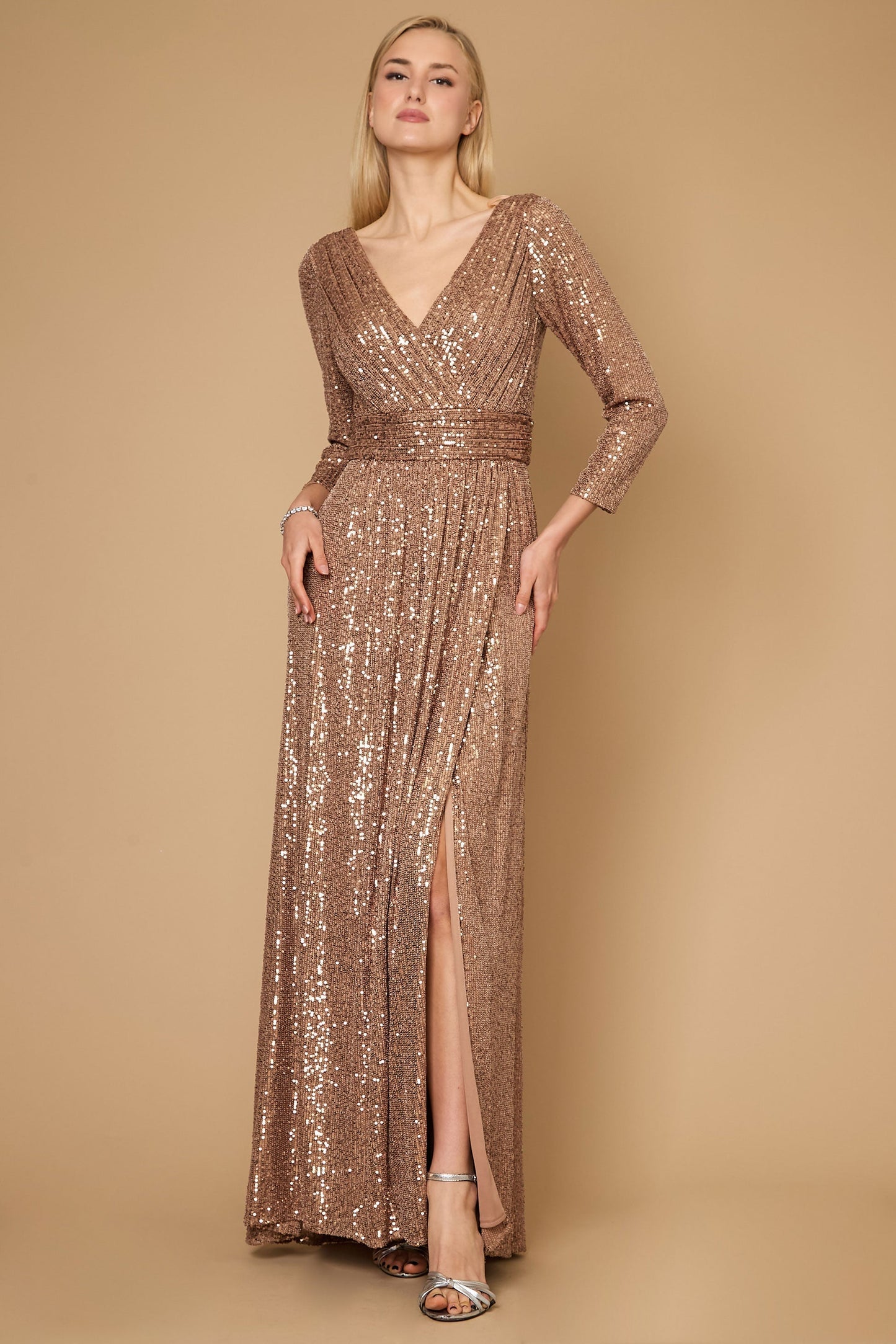 Long Sleeve Sequin Formal Hand Beaded Prom Dress