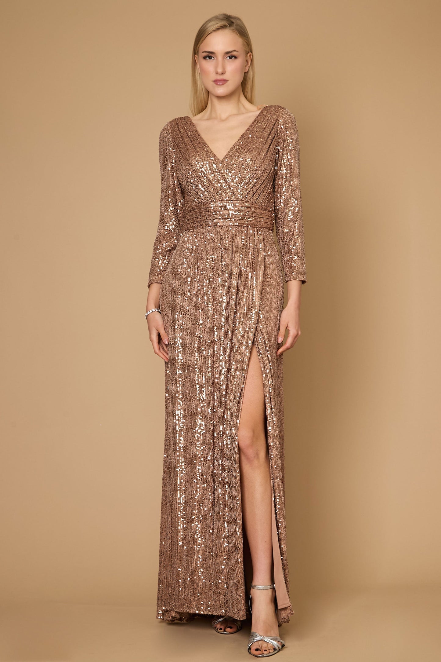 Long Sleeve Sequin Formal Hand Beaded Prom Dress
