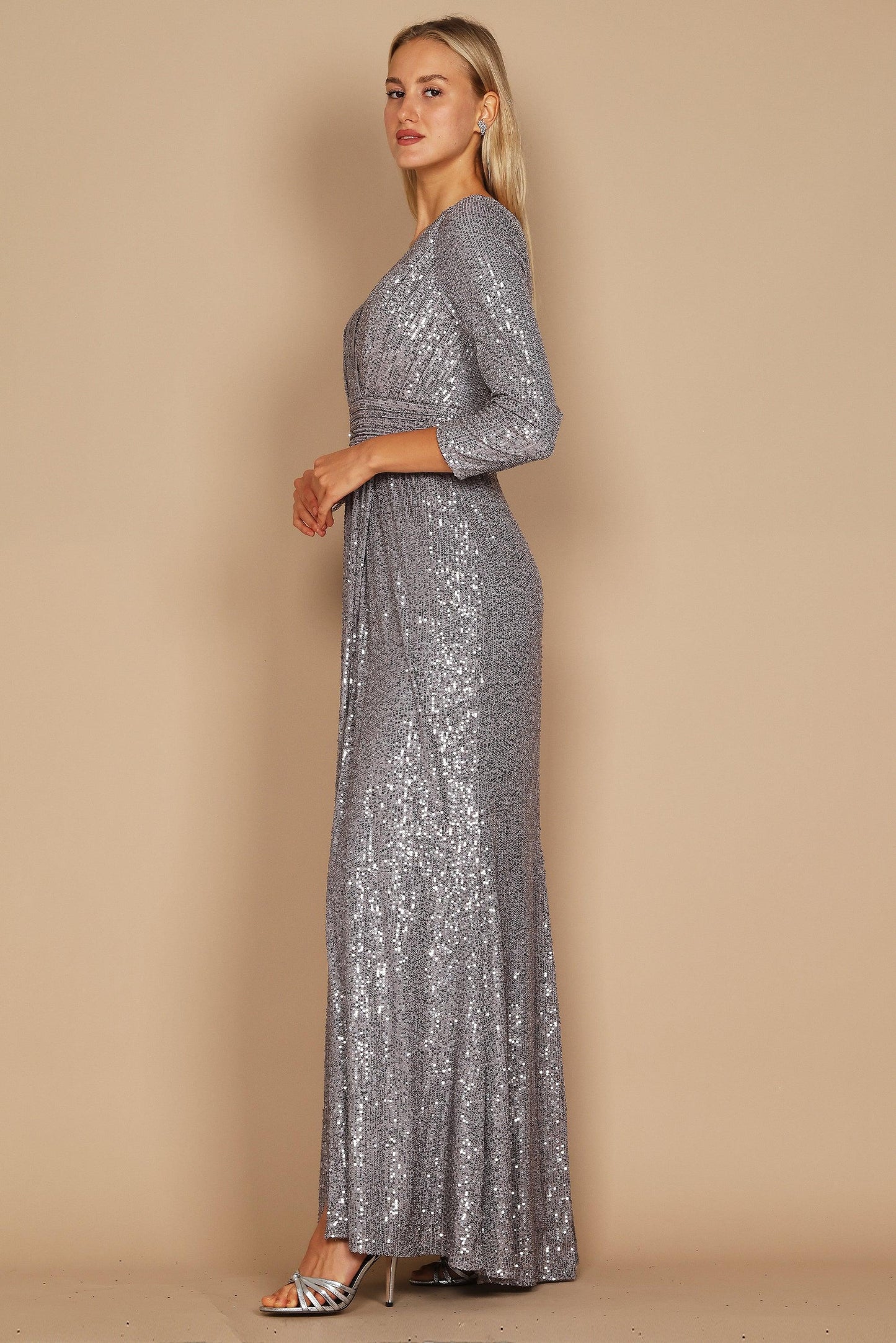 Long Sleeve Sequin Formal Hand Beaded Prom Dress