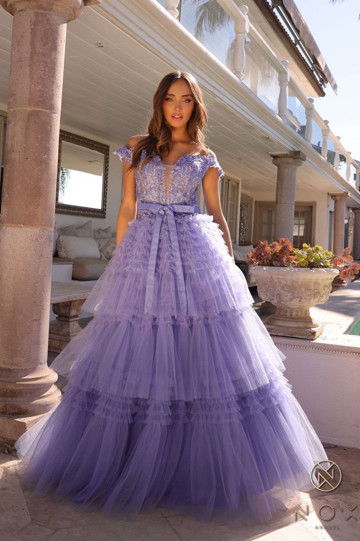 Nox Anabel E1293 Tiered A Line Long Prom Gown