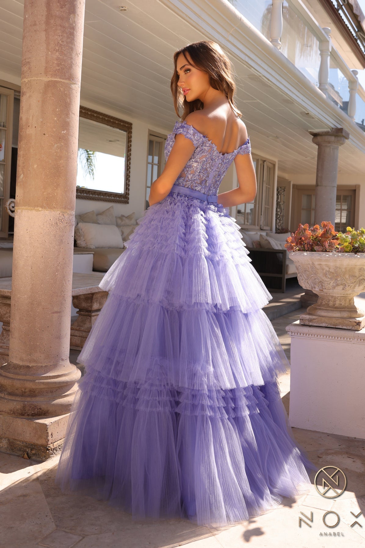 Nox Anabel E1293 Tiered A Line Long Prom Gown