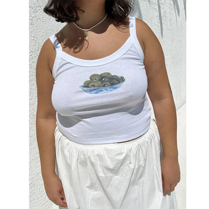 Cartoon Print O-Neck Crop Top